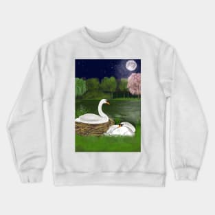 Swans nesting by moon light romantic nature Crewneck Sweatshirt